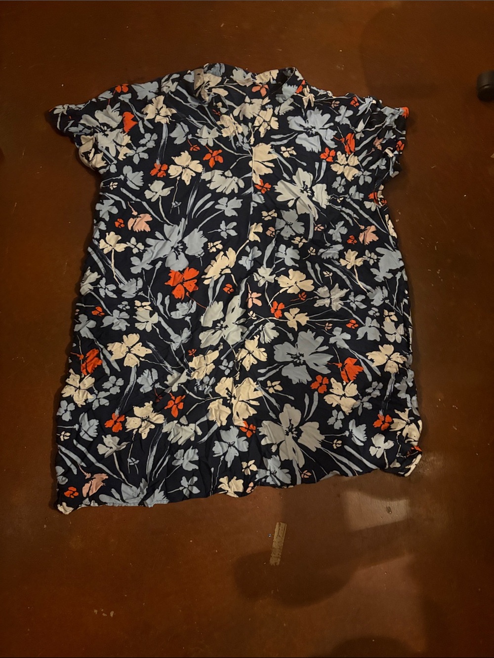 Navy Floral Button-Up Dress with Red & Light Blue Blooms
